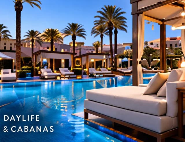 A resort pool and cabana at dusk