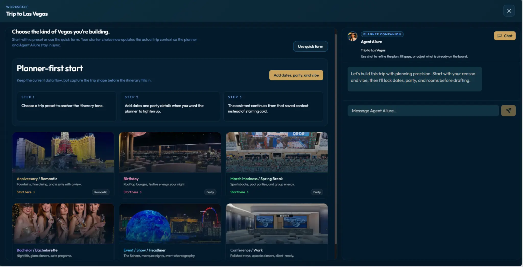 VegasAilure workspace planner interface showing a Las Vegas trip planning board and Agent Ailure chat companion